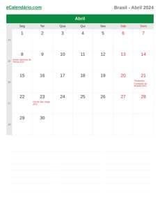 Calendário 2024 Abril
