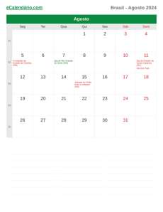 Calendário 2024 Agosto