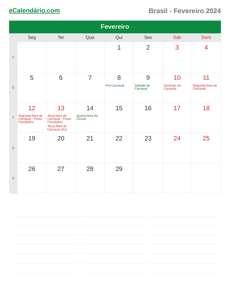 Calendário 2024 Fevereiro
