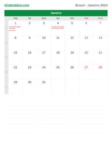 Calendário 2024 Janeiro