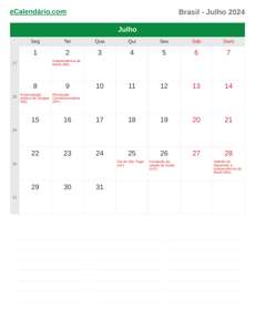 Calendário 2024 Julho