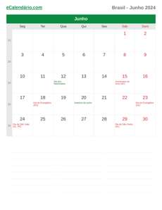 Calendário 2024 Junho