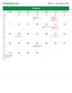 Calendário 2024 Outubro