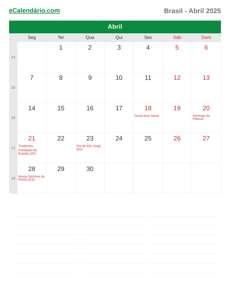 Calendário 2025 Abril