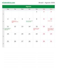 Calendário 2025 Agosto