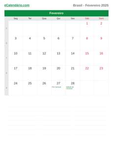 Calendário 2025 Fevereiro