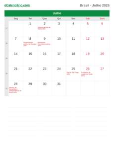 Calendário 2025 Julho