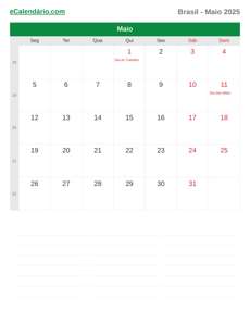 Calendário 2025 Maio