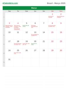 Calendário 2025 Março