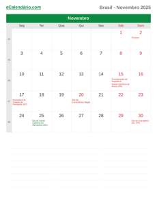 Calendário 2025 Novembro
