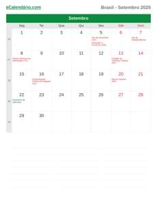 Calendário 2025 Setembro