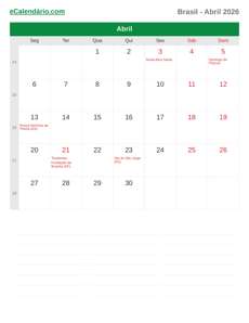 Calendário 2026 Abril