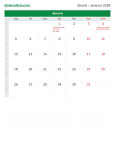 Calendário 2026 Janeiro