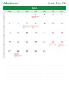 Calendário 2026 Julho