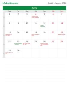Calendário 2026 Junho