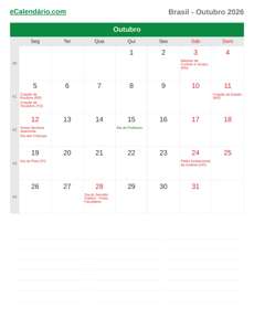 Calendário 2026 Outubro