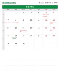 Calendário 2026 Setembro