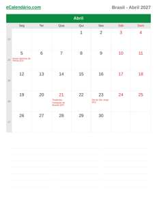 Calendário 2027 Abril
