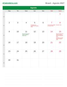 Calendário 2027 Agosto