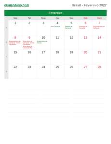 Calendário 2027 Fevereiro