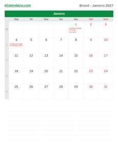 Calendário 2027 Janeiro