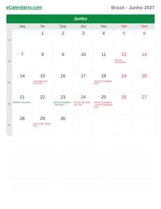 Calendário 2027 Junho