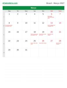 Calendário 2027 Março