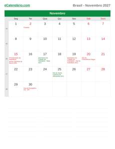 Calendário 2027 Novembro