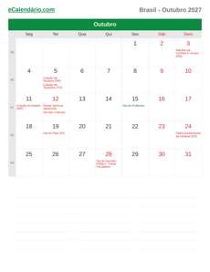 Calendário 2027 Outubro
