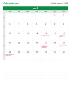 Calendário 2028 Abril