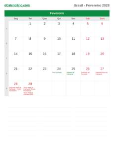 Calendário 2028 Fevereiro