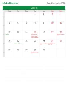 Calendário 2028 Junho