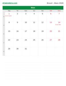 Calendário 2028 Maio