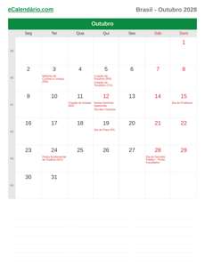 Calendário 2028 Outubro