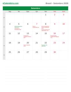 Calendário 2028 Setembro