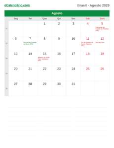 Calendário 2029 Agosto
