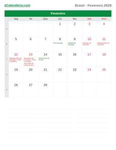 Calendário 2029 Fevereiro