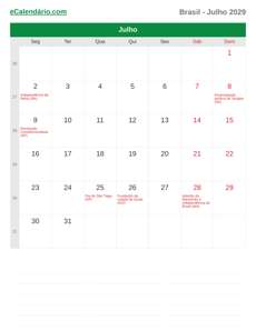 Calendário 2029 Julho
