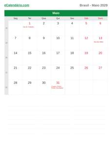 Calendário 2029 Maio