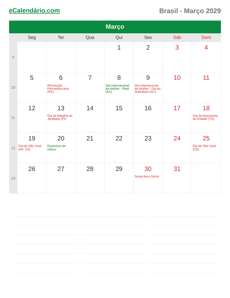 Calendário 2029 Março