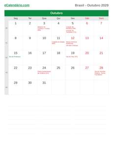 Calendário 2029 Outubro