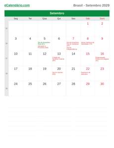 Calendário 2029 Setembro